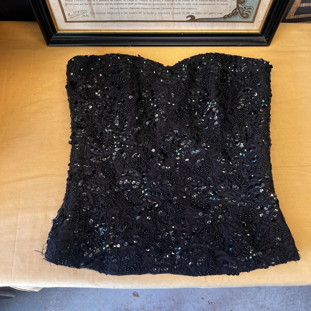 Vintage Black Lace Beaded Sequin Corset Top Xs S Halloween Sexy Bustier